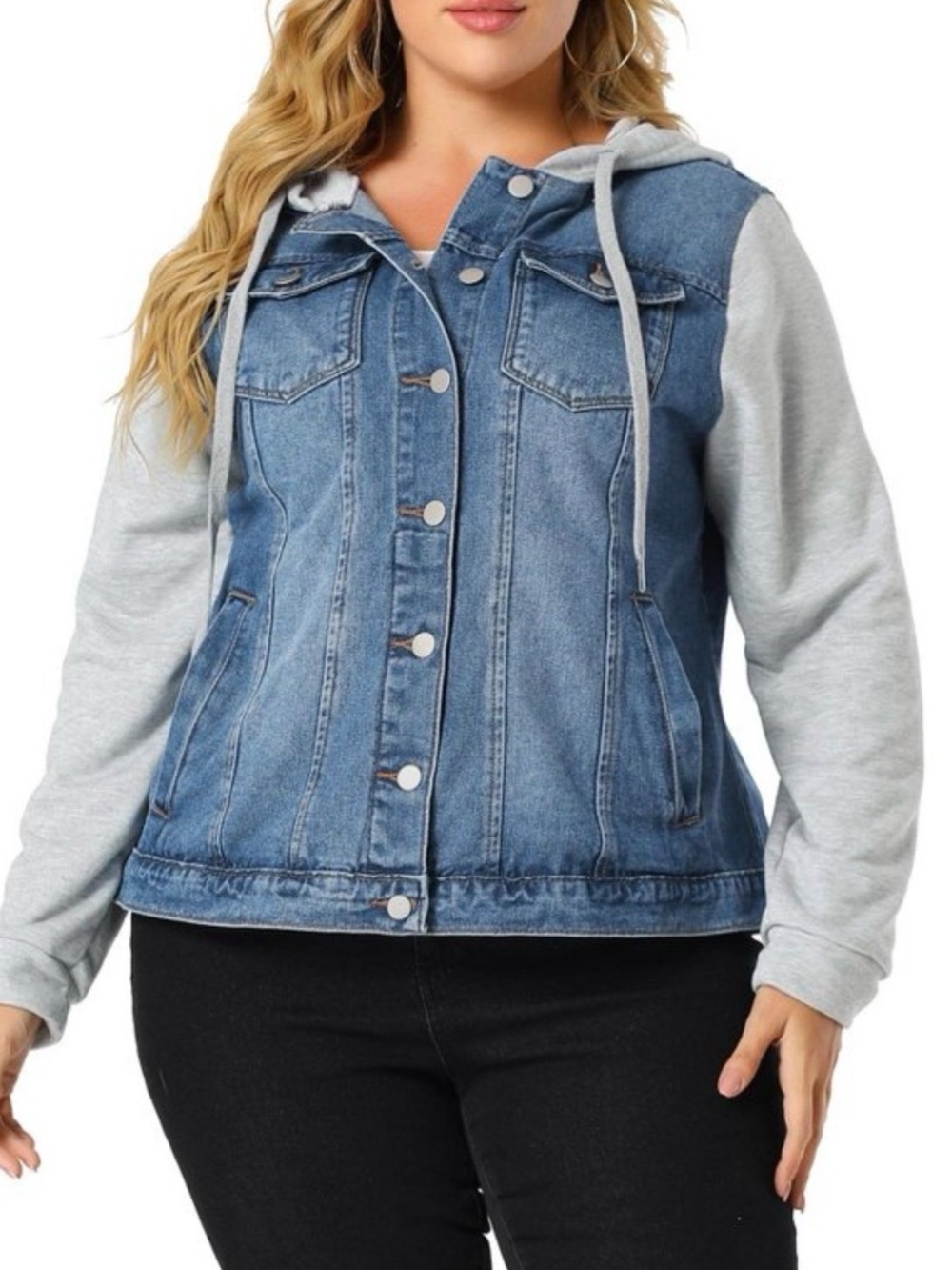 Agnes Orinda Plus Size Light Blue Denim Gray Hooded Jean Jacket 1X New